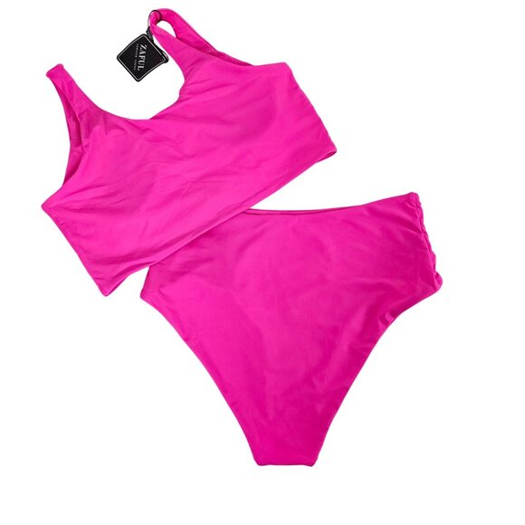 Hot Pink High-Waisted Two-Piece Bikini Set With Tank Top & Tie Detail Size M - Picture 5 of 9